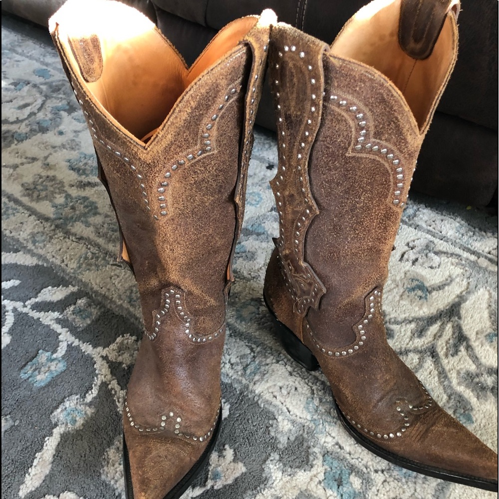 Old gringo brown distressed leather studded boots.